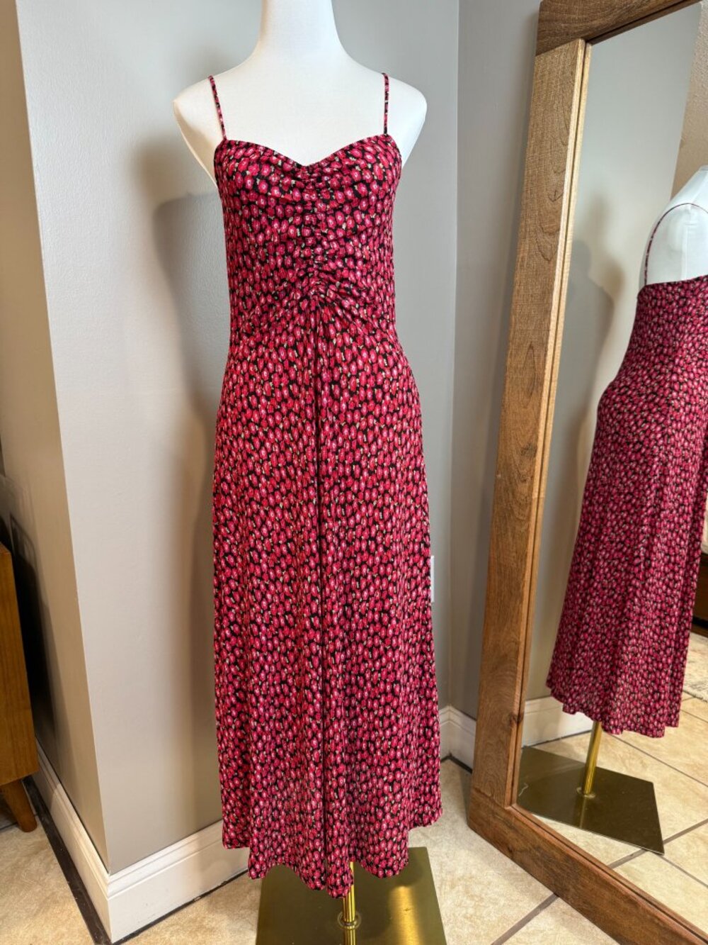 Mango Black Red Floral Spaghetti Strap Maxi Dress S